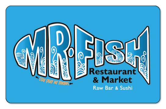 mr fish, fish text logo on a blue background